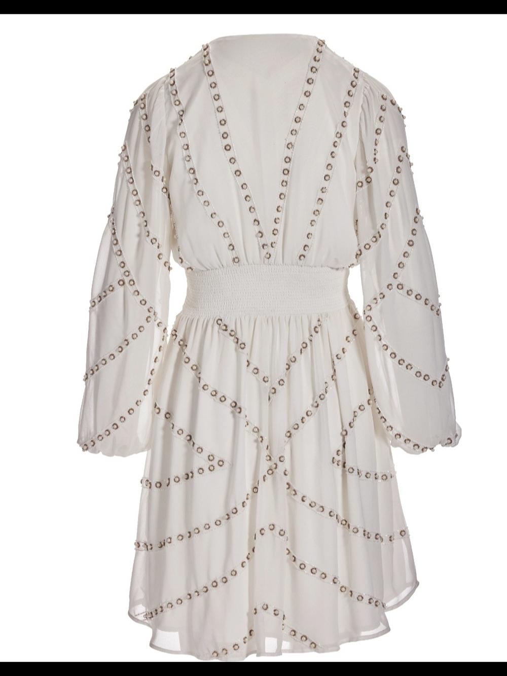 Pearl Embellished New Boston Proper Cream Long-Sleeve Smocked-Waist Eyelet Dress